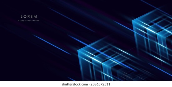 Abstract futuristic glowing neon blue arrow. Hi-speed motion moving concept on dark blue background. Vector illustration