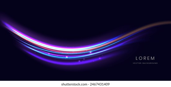 Abstract futuristic glowing neon color curved light with speed motion moving on dark background. Vector