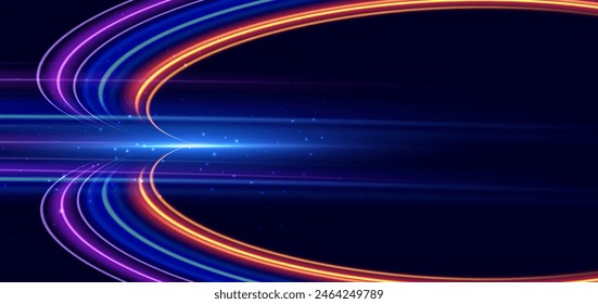 Abstract futuristic glowing neon multi color lines. Hi speed motion moving concept on dark blue background. Vector illustration