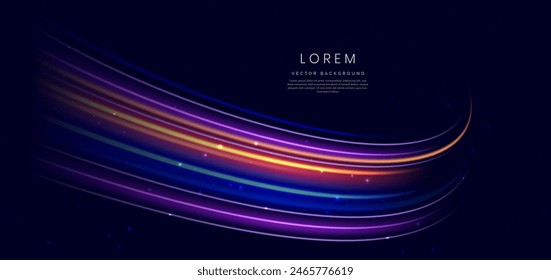 Abstract futuristic glowing neon multi color lines. Hi speed motion moving concept on dark blue background. Vector illustration