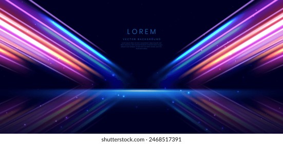 Abstract futuristic glowing neon multi color lines. Hi speed motion moving concept on dark blue background. Vector illustration