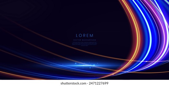 Abstract futuristic glowing neon multi color lines. Hi speed motion moving concept on dark blue background. Vector illustration