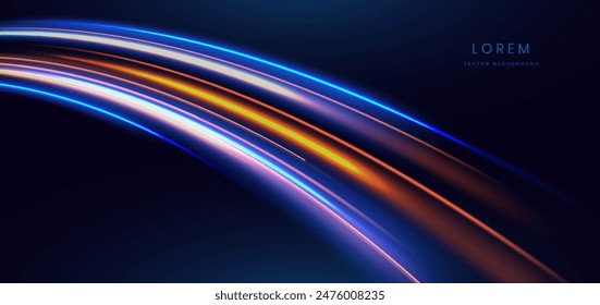 Abstract futuristic glowing neon multi color lines. Hi speed motion moving concept on dark blue background. Vector illustration