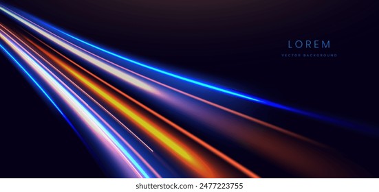 Abstract futuristic glowing neon multi color lines. Hi speed motion moving concept on dark blue background. Vector illustration