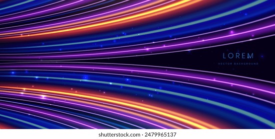 Abstract futuristic glowing neon multi color lines. Hi speed motion moving concept on dark blue background. Vector illustration
