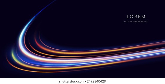 Abstract futuristic glowing neon multi color lines. Hi speed motion moving concept on dark blue background. Vector illustration