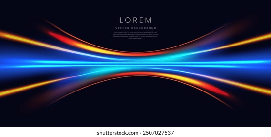 Abstract futuristic glowing neon multi color lines. Hi speed motion moving concept on dark blue background. Vector illustration