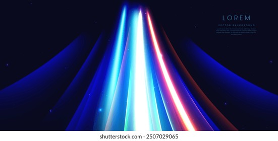 Abstract futuristic glowing neon multi color lines. Hi speed motion moving concept on dark blue background. Vector illustration