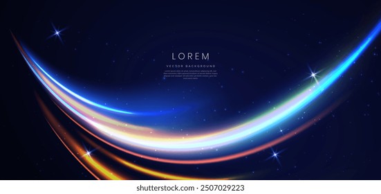 Abstract futuristic glowing neon multi color lines. Hi speed motion moving concept on dark blue background. Vector illustration