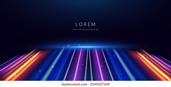 Abstract futuristic glowing neon multi color lines. Hi speed motion moving concept on dark blue background. Vector illustration