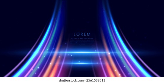 Abstract futuristic glowing neon multi color lines. Hi speed motion moving concept on dark blue background. Vector illustration