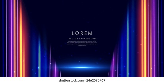 Abstract futuristic glowing neon multicolor vertical lines. Hi speed motion moving concept on dark blue background. Vector illustration