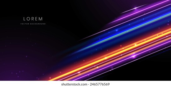 Abstract futuristic glowing neon multicolor diagonal lines. Hi speed motion moving concept on dark blue background. Vector illustration