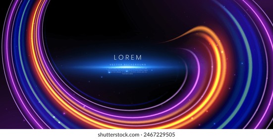 Abstract futuristic glowing neon multicolor curved lines. Hi-speed motion moving concept on dark blue background. Vector illustration