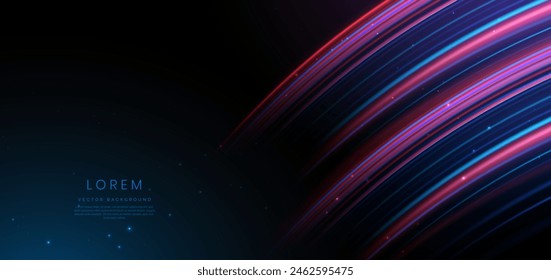 Abstract futuristic glowing neon red and blue curved lines. Hi-speed motion moving concept on dark blue background. Vector illustration