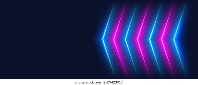 Abstract futuristic glowing neon tubes pink blue arrows background, LED or laser light effect on dark black wall at night, cover, business card, poster, empty space for text or letters.