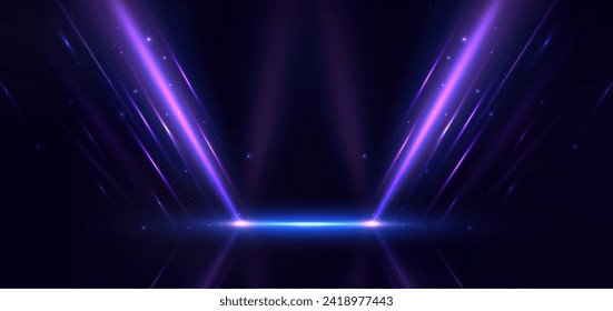 Abstract futuristic glowing purple light ray with light effect on dark blue background. Vector illustration