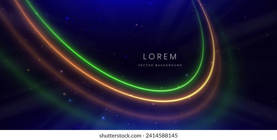 Abstract futuristic gold and green curved neon glowing and light lines effect on dark blue background. Vector illustration