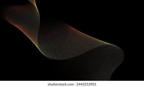 Abstract futuristic golden yellow waves with moving dots form the background, a flowing particle effect and glitch aesthetic. Vector graphic is ideal for use in brochures, flyers, magazines, banner.