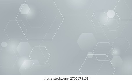 Abstractas fondo gris futurista con Formas hexagonales blancas superpuestas y luces de flujo. Ilustración vectorial