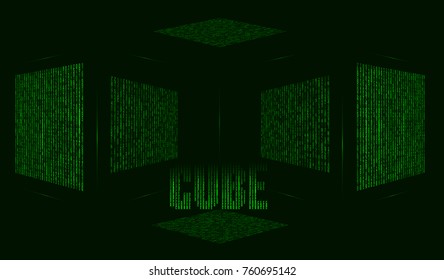 Abstract futuristic green background with cube in matrix style