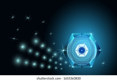 Abstract futuristic hexagon digital technology with circle dots, star graphic on dark blue color background vector illustration.