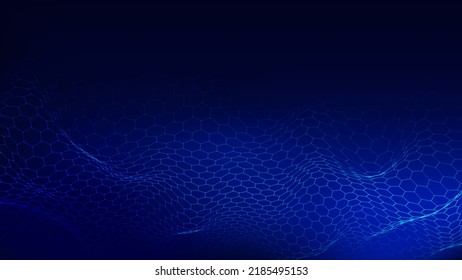 Abstract futuristic hexagon wave with moving dots and lines. Flow of particles. Vector cyber technology illustration.