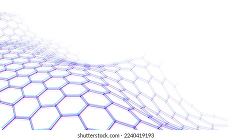 Resumen de la ola hexagonal futurista con puntos en movimiento. Flujo de partículas. Ilustración tecnológica con efecto de fallo. Ilustración vectorial.