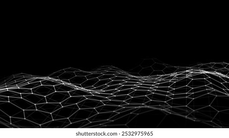 Abstract futuristic hexagon wave with moving dots. Flow of particles. Technology illustration. Vector illustration.