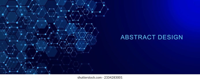 Abstract futuristic hexagons for network connection, computer and communication technology on dark blue background. Vector illustration.