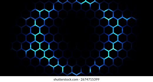 Abstraktes futuristisches Sechseck-Oberflächenkonzept. Wabenhintergrund. Moderner trendiger Sci-Fi-Technologie-Hintergrund mit sechseckigen Mustern mit blauen Kreiswellen. Technologie, virtueller High-Tech-Raum. EPS10