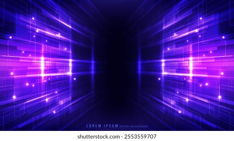 Abstract futuristic high-tech background with glowing purple and blue light beams, overlapping translucent squares, sharp lines, and bright light flare effects. Vector illustration