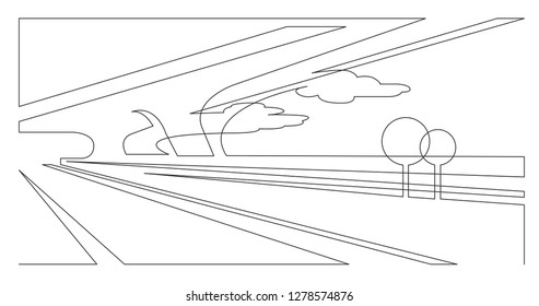 abstract futuristic highway with trees and clouds in sky - single line vector graphics on white background
