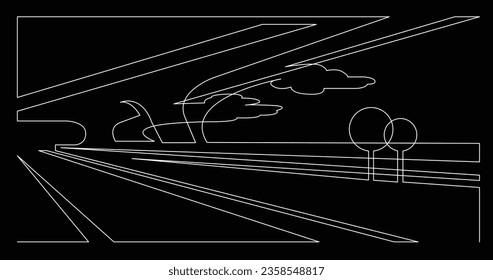 abstract futuristic highway with trees and clouds in sky - single line vector graphics on white background