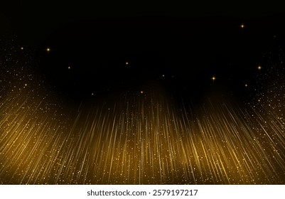 Abstract futuristic horizontal dark background with golden bright lines, stars and sparks. Vector illustration.