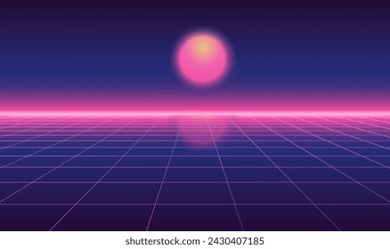 Abstract futuristic horizontal landscape with sun in vintage 1980s style. Vector illustration background . 80s Retro Sci-Fi smooth backdrop.