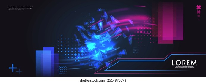 Abstract futuristic horizontal tech design background. Bright elements and neon lines. Digital design for background, banner, game, preview.