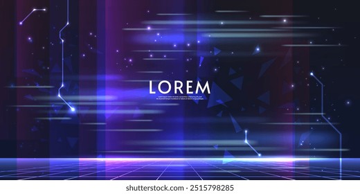 Abstract futuristic horizontal tech design background. Bright elements and neon lines. Digital design for background, banner, game, preview.