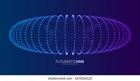 Abstract Futuristic HUD Design Element. 3D Hologram. Glowing Circles with Depth of Field Effect. Cyber Space Virtual Reality Graphics. Vector Science and Technology VR Background.
