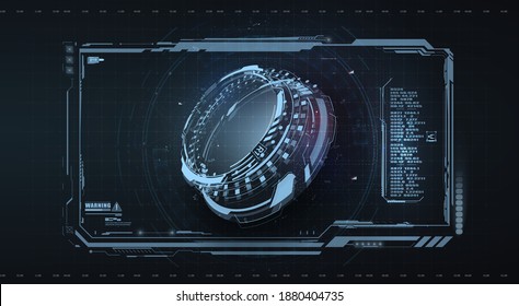 Abstract futuristic HUD, GUI, FUI object. 3D hologram of display consist of glowing circle . Cybernetic machine, mechanism.  Tech and science, analysis theme. Digital user interface. Vector