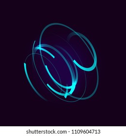 Abstract futuristic HUD object. 3D isometric hologram of display consist of glowing circles . Cybernetic machine, mechanism. Vector science and technology illustration .