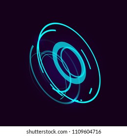 Abstract futuristic HUD object. 3D isometric hologram of display consist of glowing circles . Cybernetic machine, mechanism. Vector science and technology illustration 