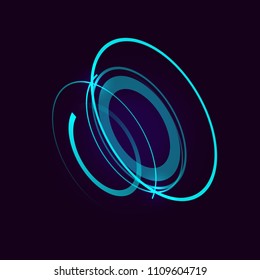 Resumen de objeto HUD futurista. El holograma isométrico 3D de la pantalla consiste en círculos brillantes. Máquina cibernética, mecanismo. Ilustración de la ciencia y la tecnología de vectores.