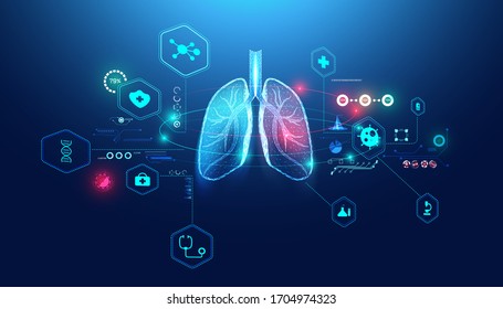 Abstract futuristic human lungs wireframe blue digital point connecting concept Analysis and diagnosis of pulmonary diseases,Respiratory disease,Lung health,Medical care for patients.