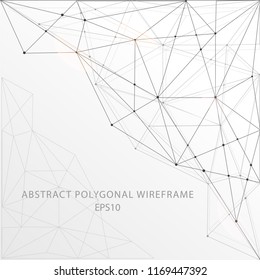 Abstract futuristic illustration background low poly wireframe shape with connecting dots and lines on white background.