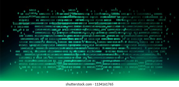 Abstract futuristic illustration with green binary glitched code.