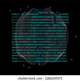 Abstract futuristic illustration with neon defaced shape and glitched binary code. 
