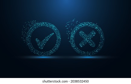 Abstract futuristic image of cross and check mark icon in the form of a starry sky space. consisting of points, light, lines, and shapes in the form of design. Low poly vector on blue background.