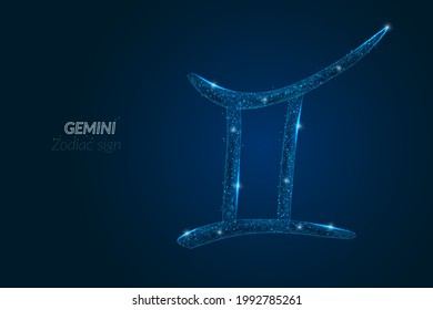 Abstract futuristic image of gemini zodiac sign. Astrological horoscope characteristic. Polygonal vector illustration looks like stars in the black night sky in space. Digital low poly design