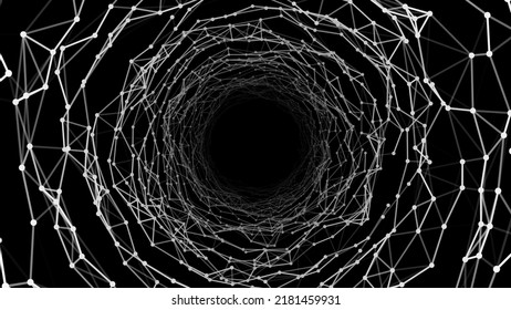 Abstract futuristic infinite tunnel. Dynamic wireframe black funnel. Fantasy fractal with lines and dots. Deep wormhole with particle flow. Vector illustration.